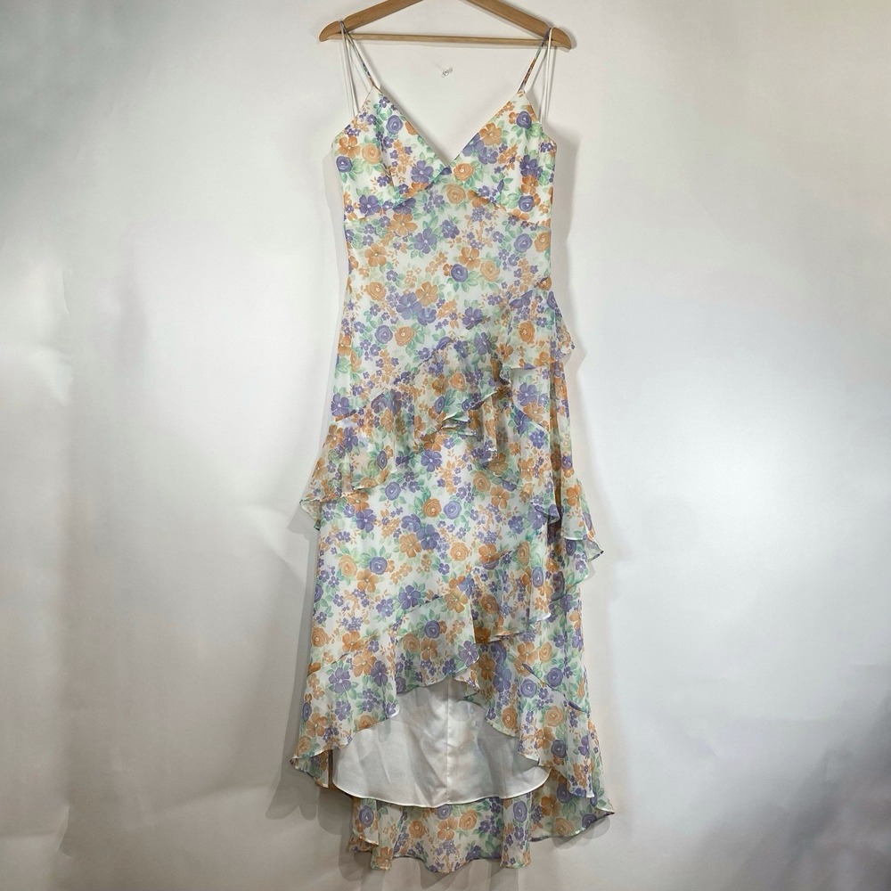 WAYF Womens Floral Ruffled Hi Low Dress Size L Ethereal Crisscross Tie Back